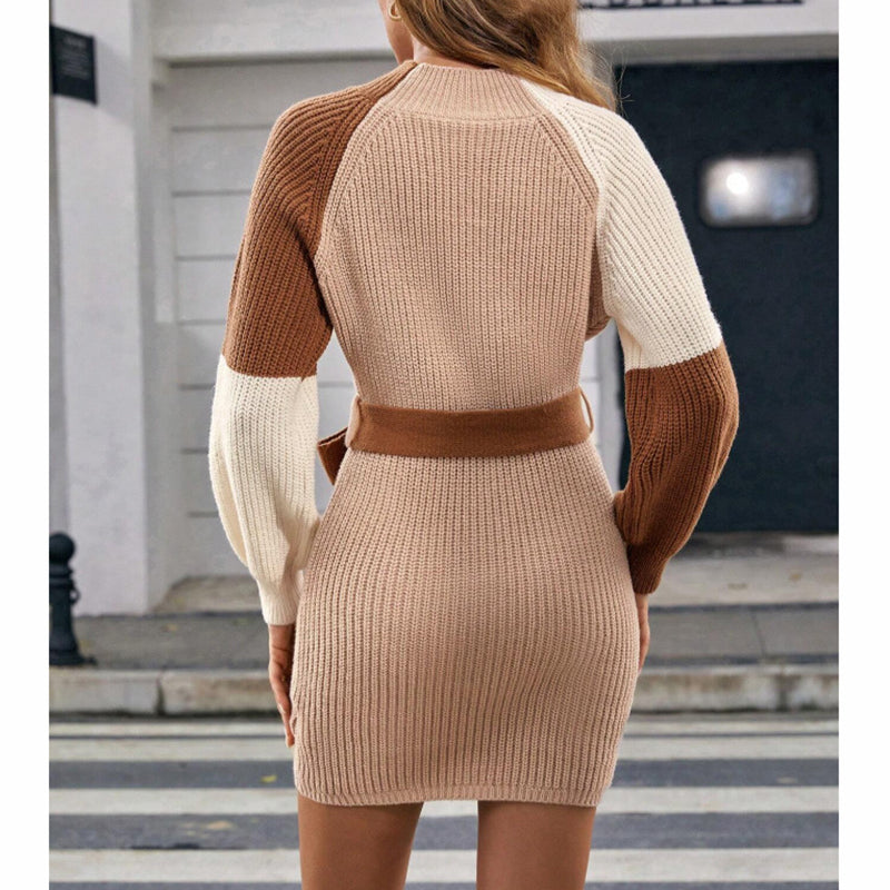 Image of Women's Color Block Sweater Midi Dress - Fall Long Sleeve Bodycon Dress With Tie Waist