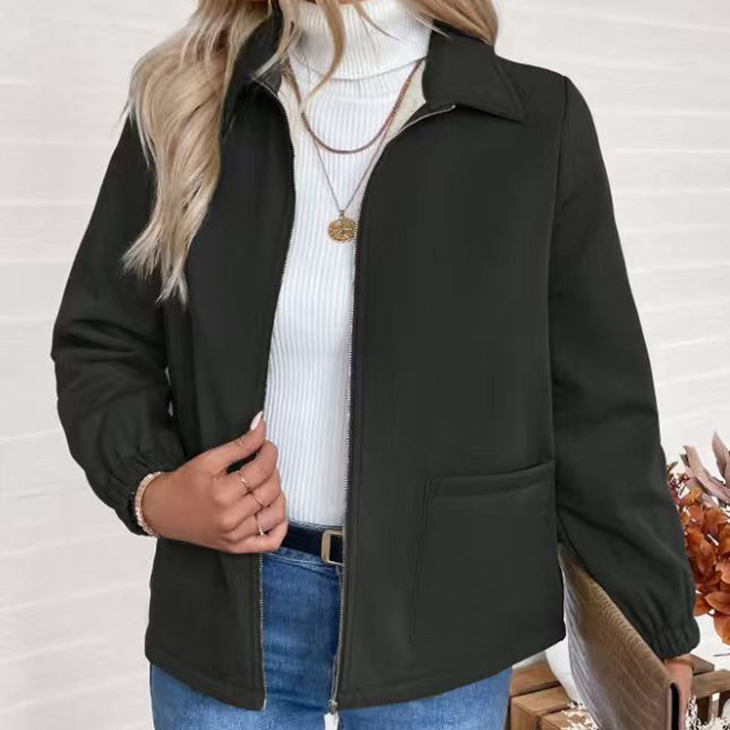 Image of Women's Solid Color Fleece Jacket, Lapel Collar Cuff Sleeve Zip-Up Coat With Pockets For Casual Winter Wear