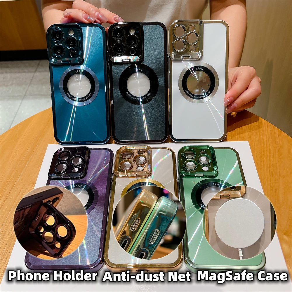 Image of Electroplated Phone Case Luxury Plating CD Pattern Magsafe Bracket Case For  12 13 14 Pro Max Invisible Camera Stand Holder Lens Holder Magnetic Suction