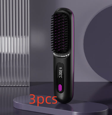 Image of 2 In 1 Straight Hair Comb Wireless Hair Straightener Brush Hair Fast Heating Portable Hot Curler USB Charging