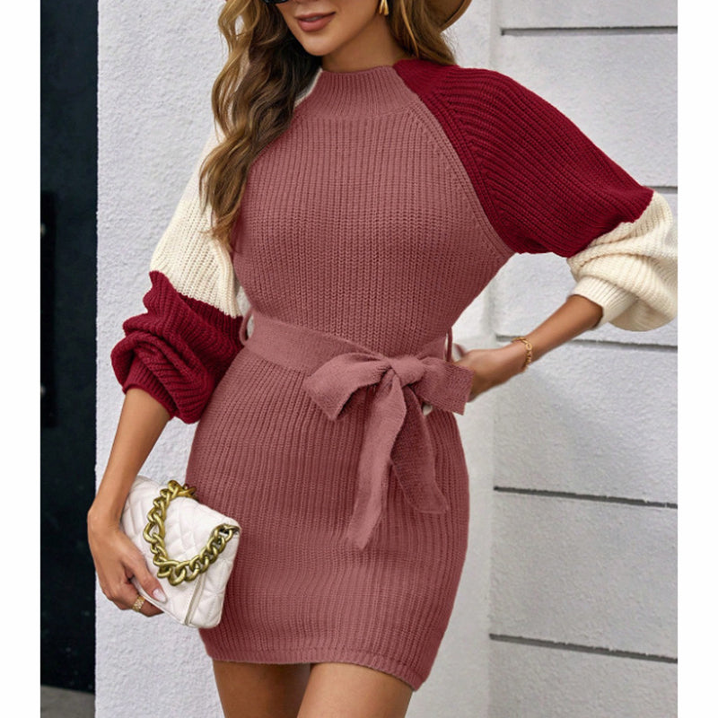 Image of Women's Color Block Sweater Midi Dress - Fall Long Sleeve Bodycon Dress With Tie Waist