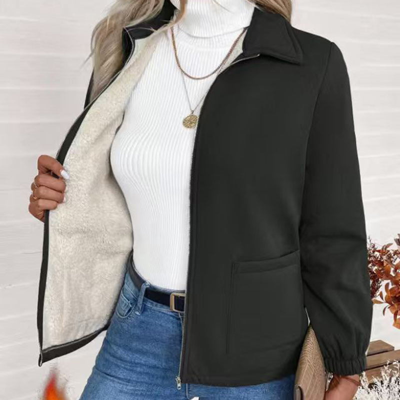 Women's Solid Color Fleece Jacket, Lapel Collar Cuff Sleeve Zip-Up Coat With Pockets For Casual Winter Wear
