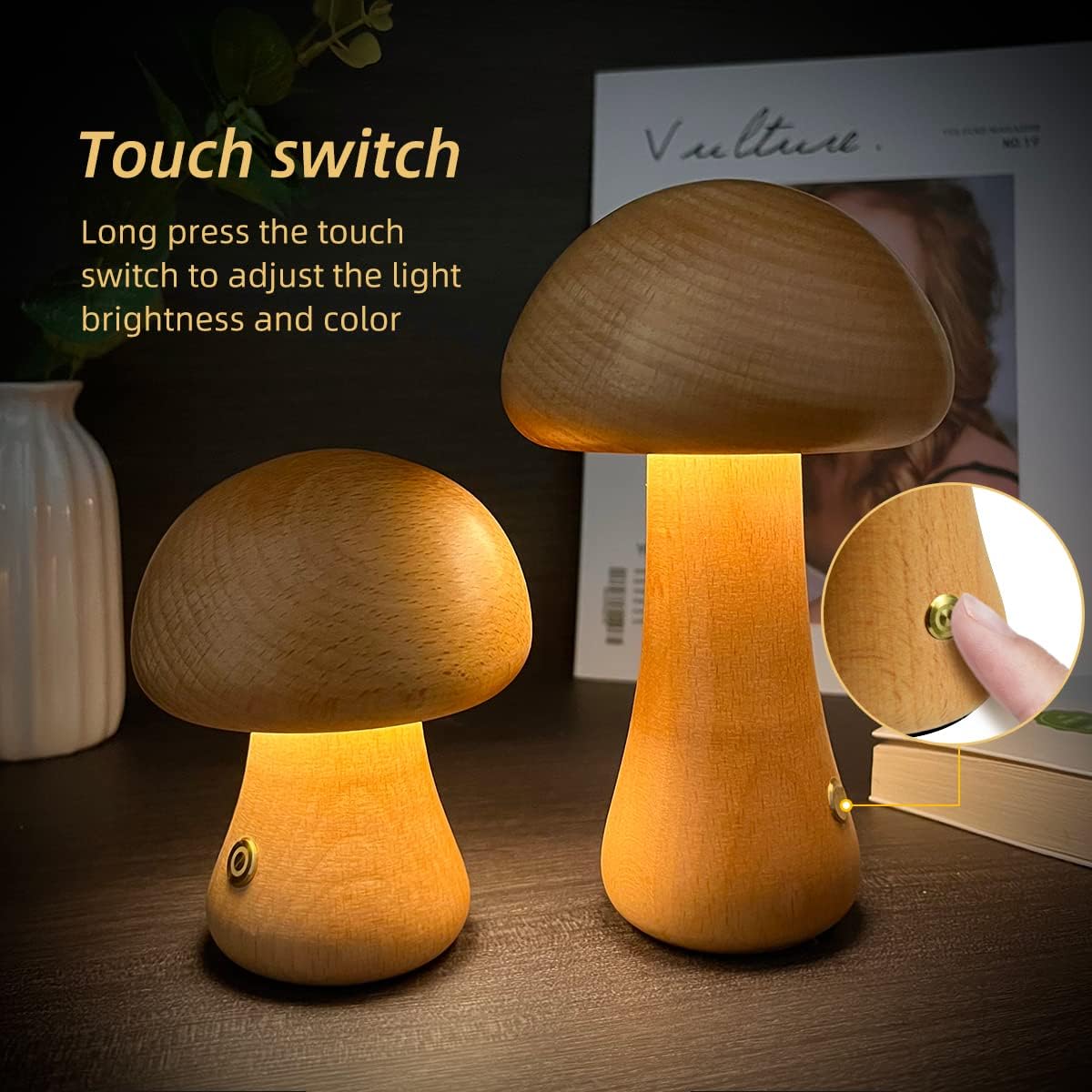 Image of INS Wooden Cute Mushroom LED Night Light With Touch Switch  Bedside Table Lamp For Bedroom Childrens Room Sleeping Night Lamps Home Decor