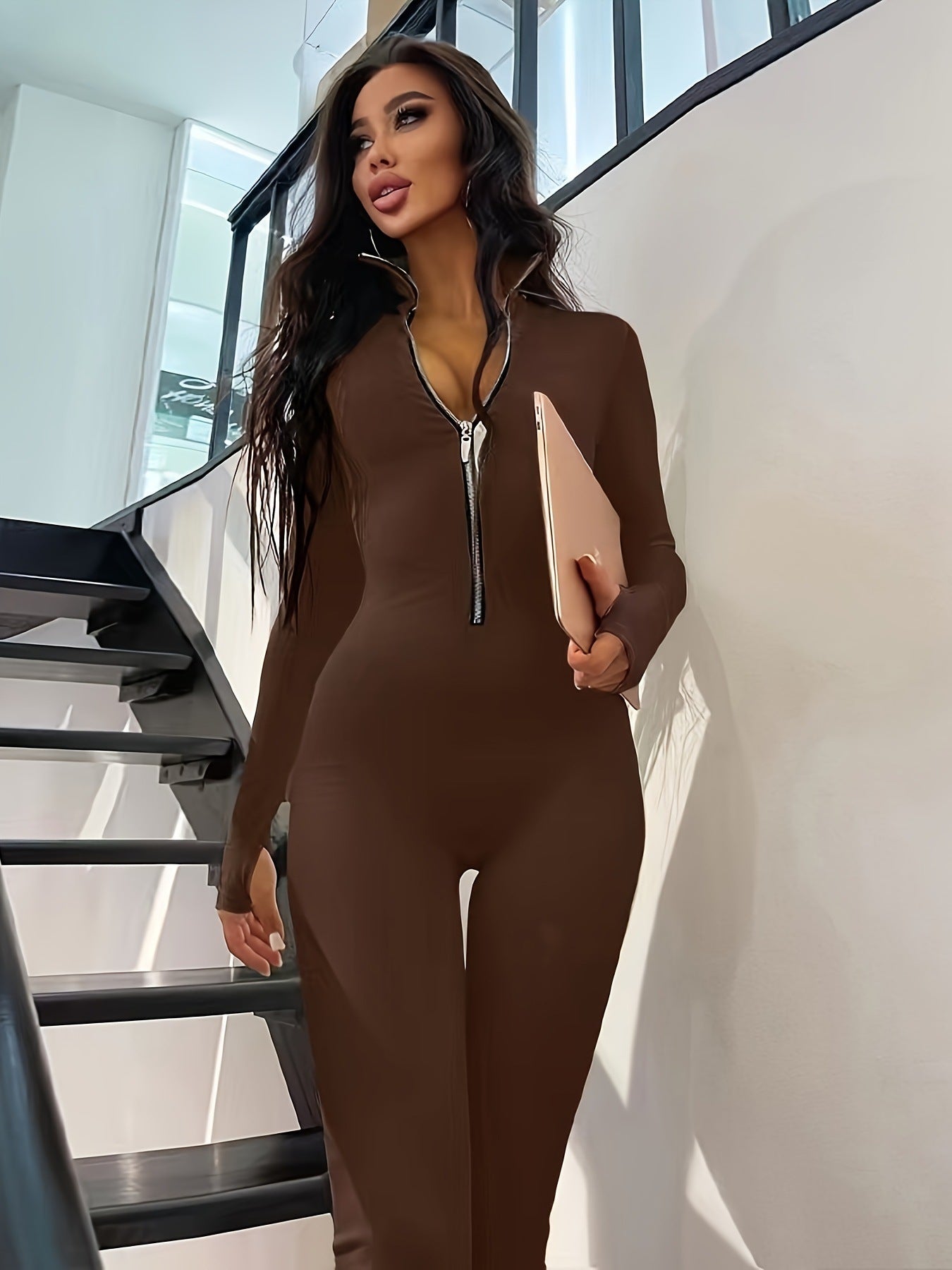 Image of Women's Long Sleeve Jumpsuit With Long Metal Zipper For Autumn And Winter