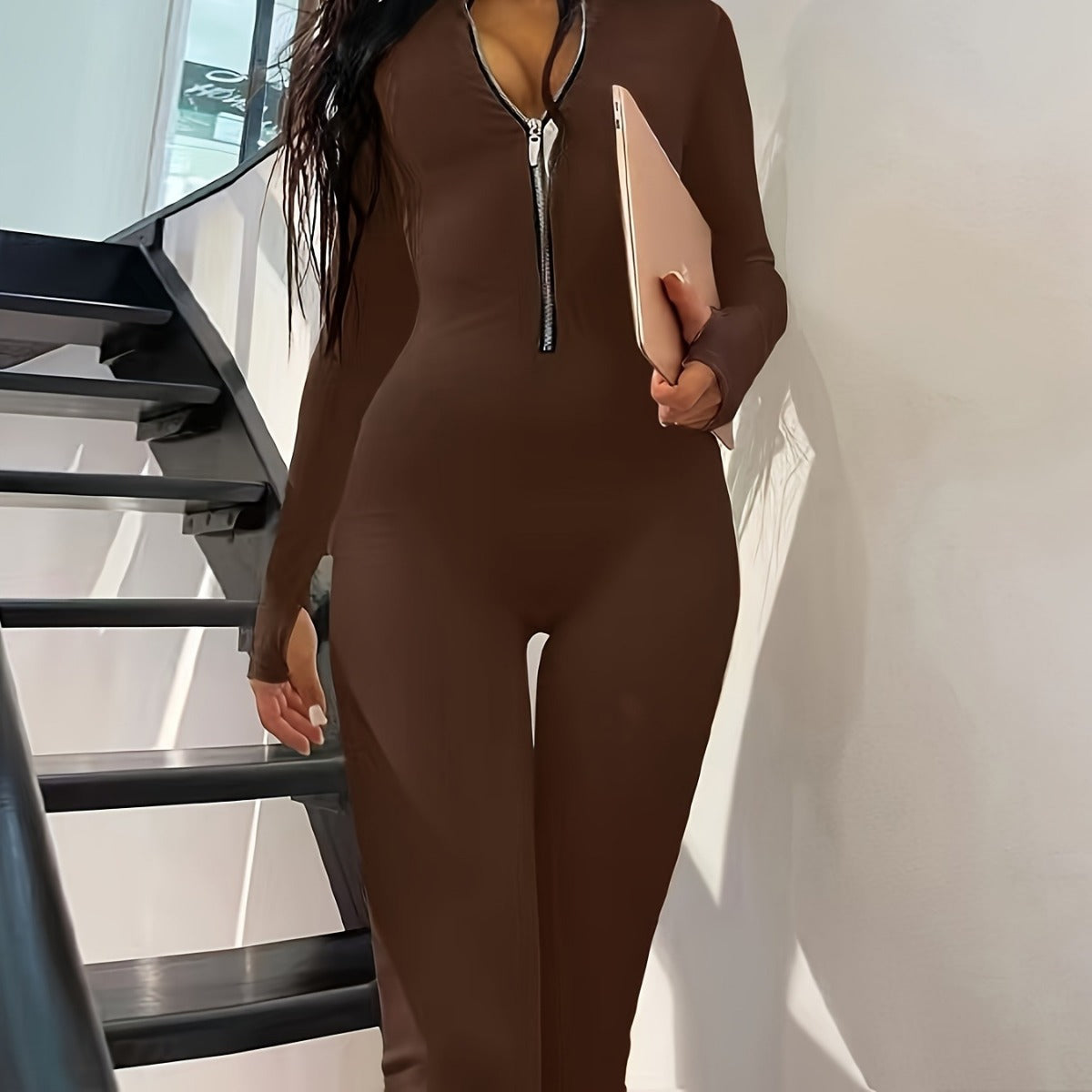Image of Women's Long Sleeve Jumpsuit With Long Metal Zipper For Autumn And Winter