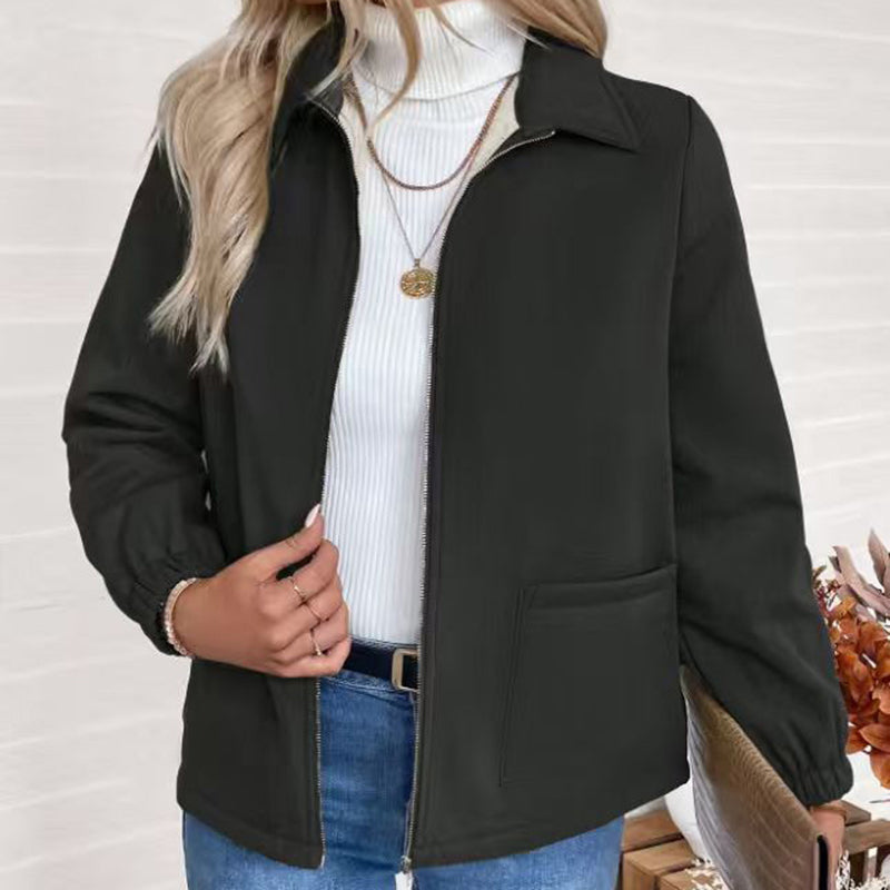 Image of Women's Solid Color Fleece Jacket, Lapel Collar Cuff Sleeve Zip-Up Coat With Pockets For Casual Winter Wear