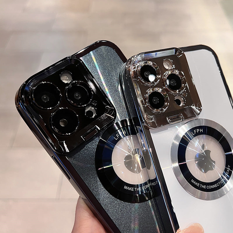 Image of Electroplated Phone Case Luxury Plating CD Pattern Magsafe Bracket Case For  12 13 14 Pro Max Invisible Camera Stand Holder Lens Holder Magnetic Suction