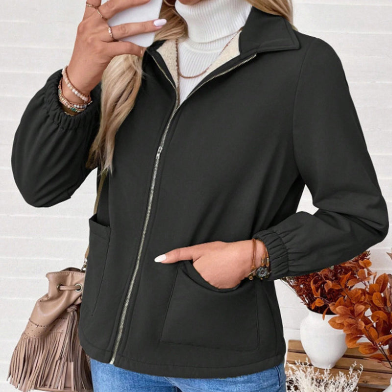 Image of Women's Solid Color Fleece Jacket, Lapel Collar Cuff Sleeve Zip-Up Coat With Pockets For Casual Winter Wear