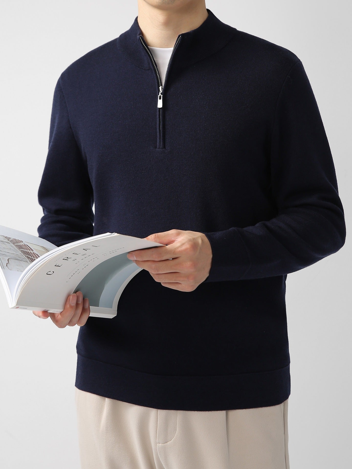 Image of Men's Sweater Light Mature Simple Zip Stand Collar Machine Washable Merino Wool Knitwear