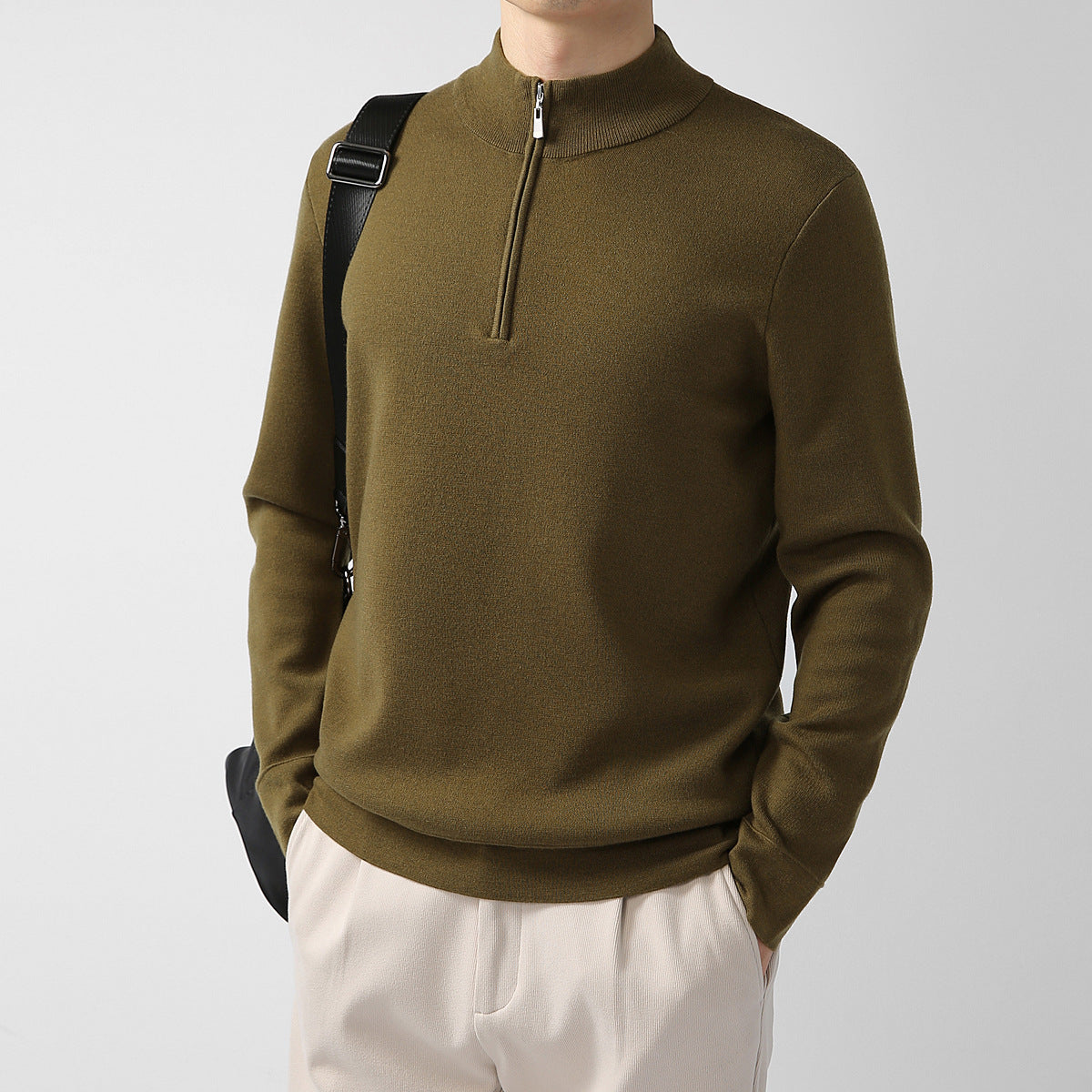 Image of Men's Sweater Light Mature Simple Zip Stand Collar Machine Washable Merino Wool Knitwear