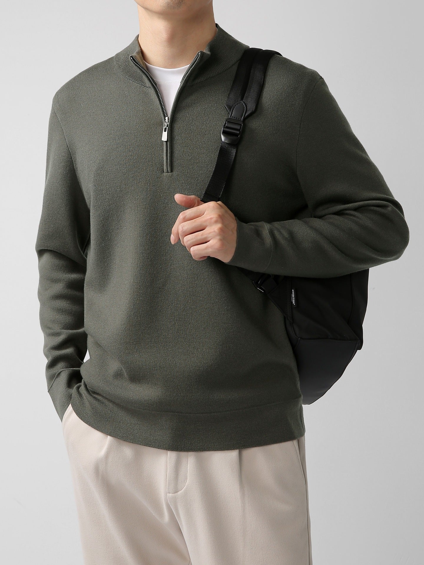 Men's Sweater Light Mature Simple Zip Stand Collar Machine Washable Merino Wool Knitwear