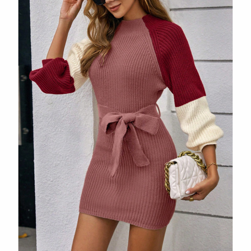 Image of Women's Color Block Sweater Midi Dress - Fall Long Sleeve Bodycon Dress With Tie Waist