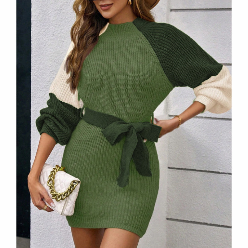 Image of Women's Color Block Sweater Midi Dress - Fall Long Sleeve Bodycon Dress With Tie Waist