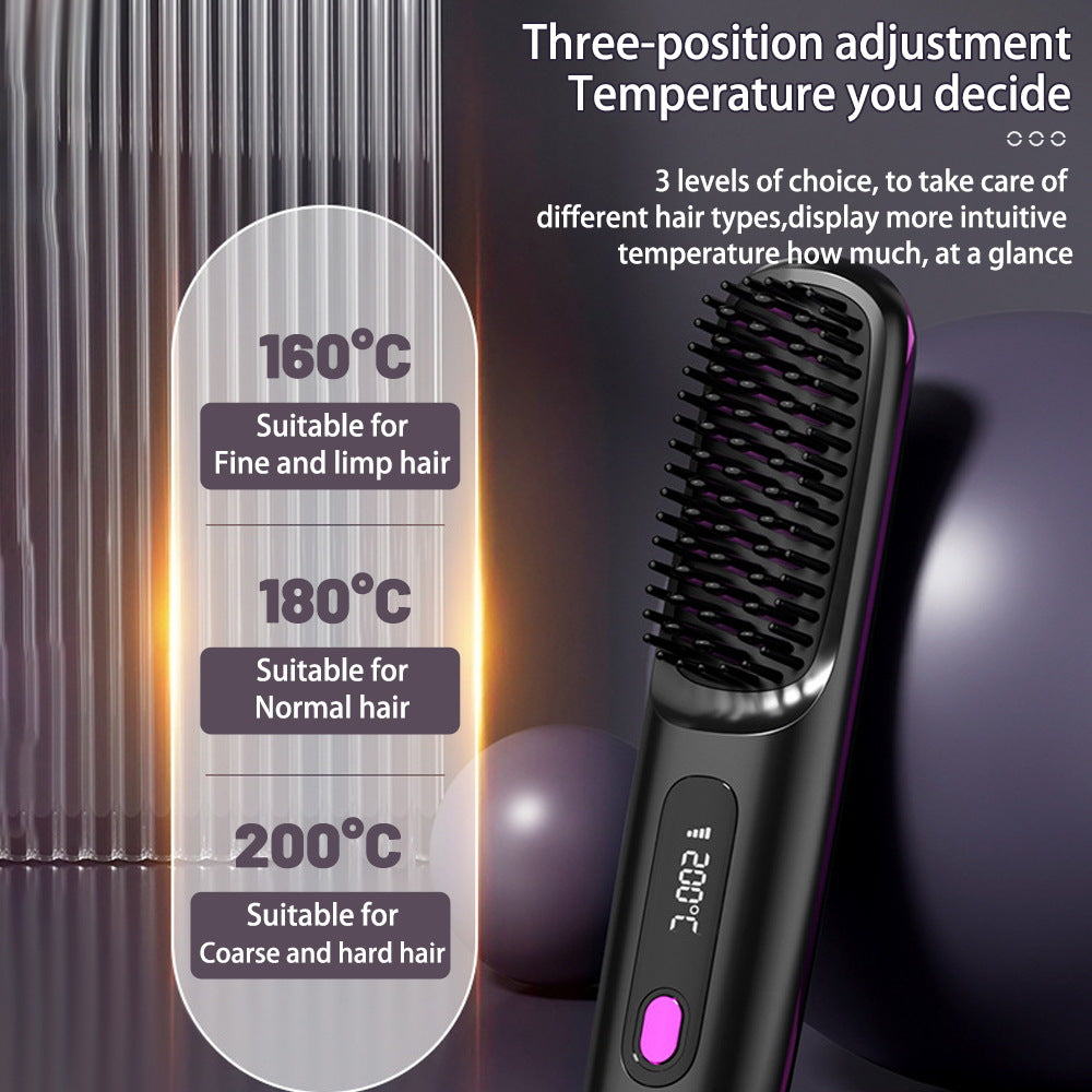 Image of 2 In 1 Straight Hair Comb Wireless Hair Straightener Brush Hair Fast Heating Portable Hot Curler USB Charging