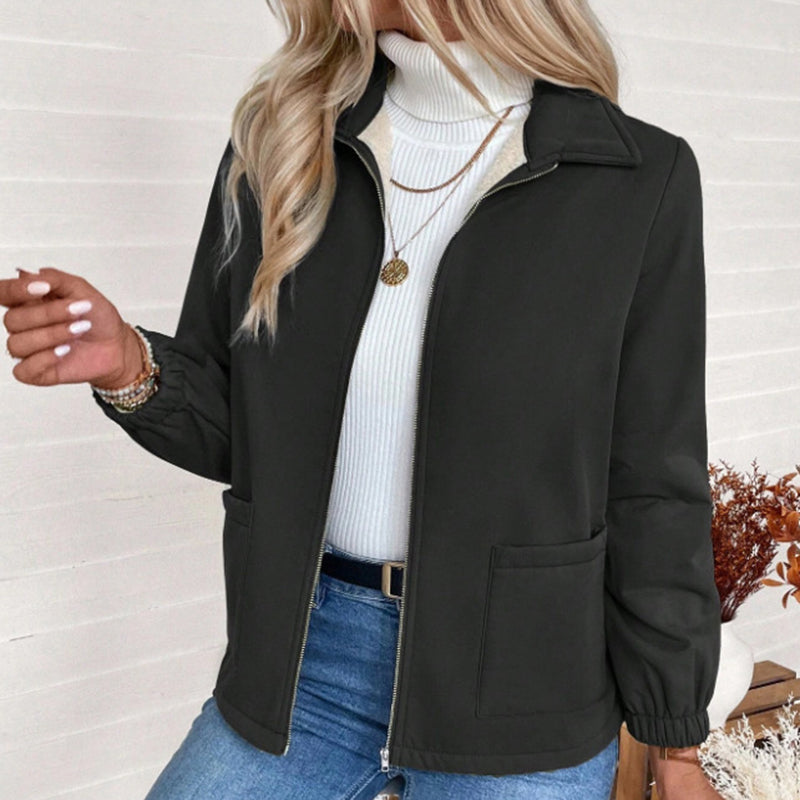 Image of Women's Solid Color Fleece Jacket, Lapel Collar Cuff Sleeve Zip-Up Coat With Pockets For Casual Winter Wear